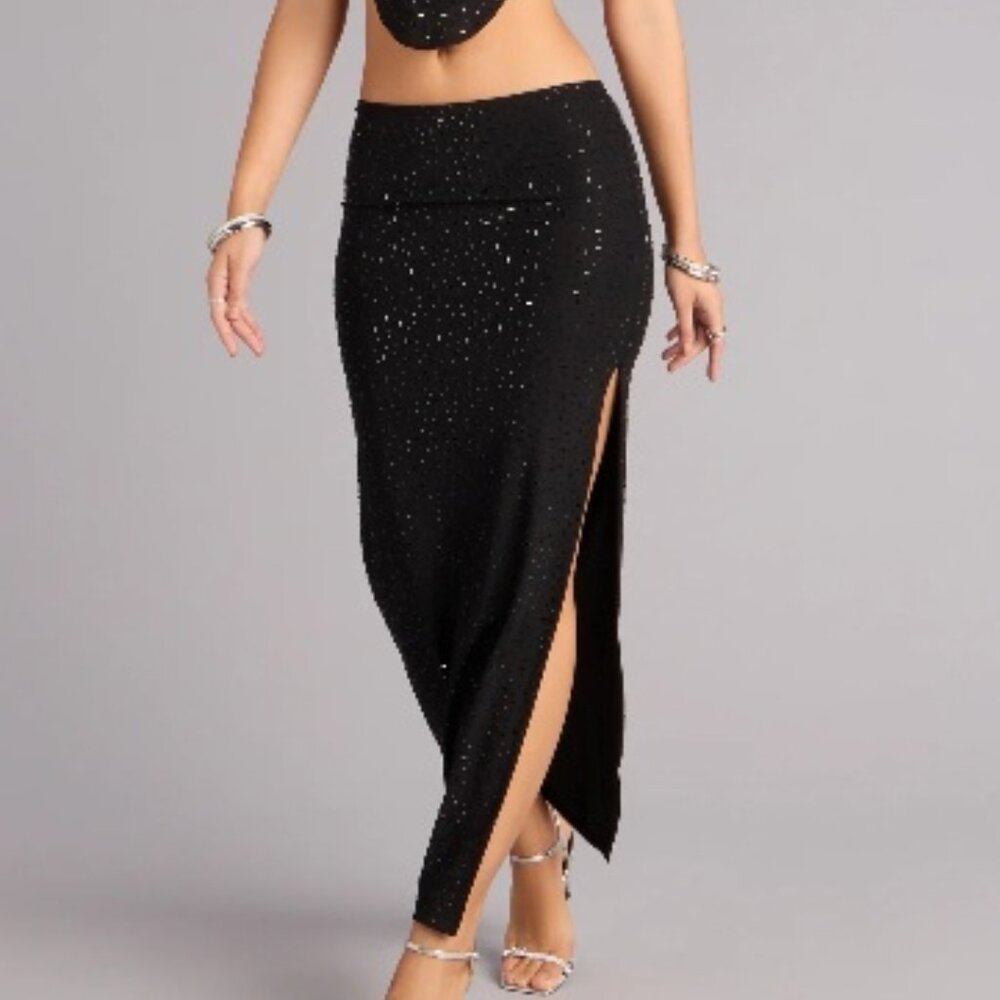Black Rhinestone Mesh Maxi Skirt, S